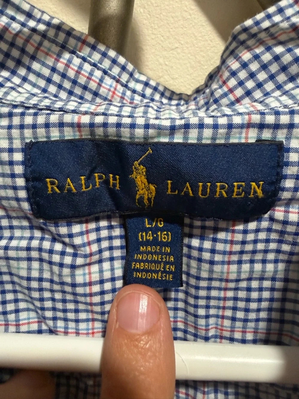 Ralph Lauren Boy’s Blue Plaid Button-Down Shirt Size L 14-15 100% Cotton